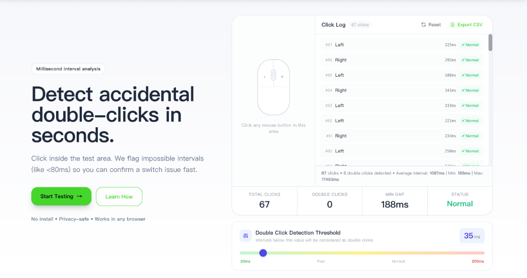 Double click test results showing 67 clicks with detailed interval analysis and status badges all registering as normal